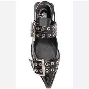 NWOT JEFFREY CAMPBELL Deb Patent Black Studded Pointed Toe Buckle Sandal Flat